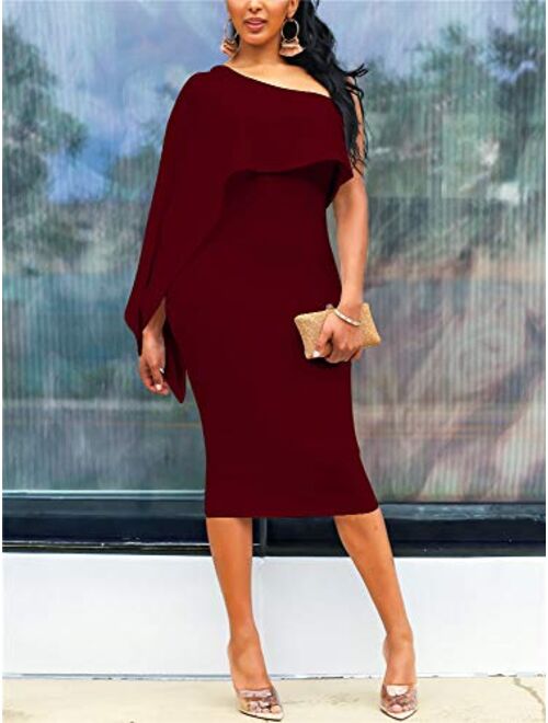 Spirio Womens Fashion One Shoulder Solid Ruffle Cocktail Bodycon Midi Dress