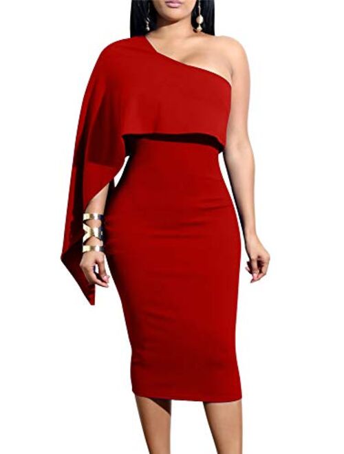 GOBLES Women's Summer Sexy One Shoulder Ruffle Bodycon Midi Cocktail Dress