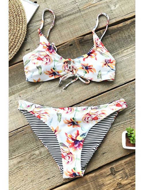 CUPSHE Women's Reversible Lace Up Bikini Sets Floral and Striped