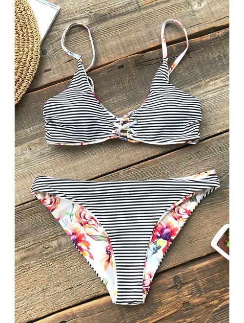 CUPSHE Women's Reversible Lace Up Bikini Sets Floral and Striped