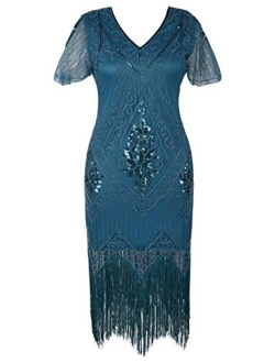 Women's 1920s Dress Sequin Art Deco Flapper Dress with Sleeve
