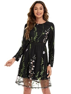 Women's Round Neck Floral Embroidered Mesh Long Sleeve Dress