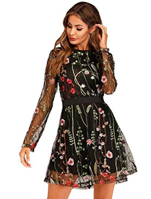 Milumia Women's Round Neck Floral Embroidered Mesh Long Sleeve Dress