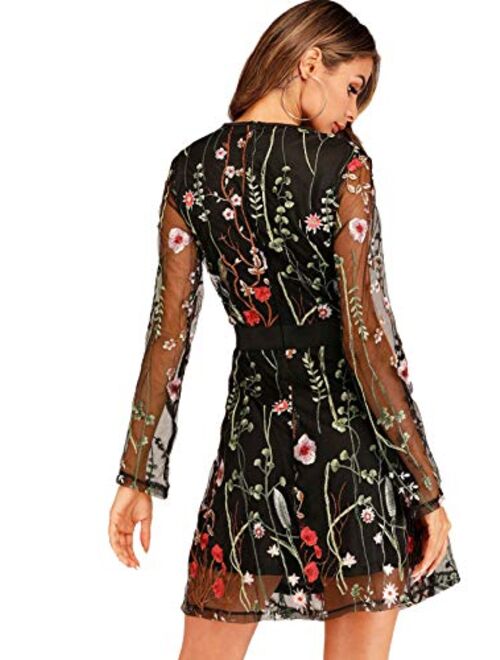 Milumia Women's Round Neck Floral Embroidered Mesh Long Sleeve Dress