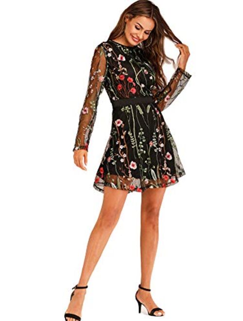 Milumia Women's Round Neck Floral Embroidered Mesh Long Sleeve Dress