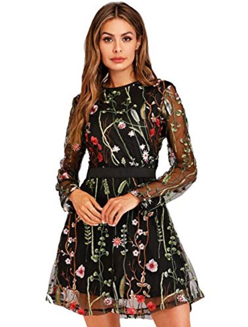 Milumia Women's Round Neck Floral Embroidered Mesh Long Sleeve Dress