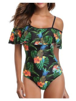 Women's One Piece Retro Ruffle Printed Off Shoulder Slimming Swimsuit