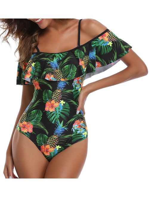 Tempt Me Women's One Piece Retro Ruffle Printed Off Shoulder Slimming Swimsuit