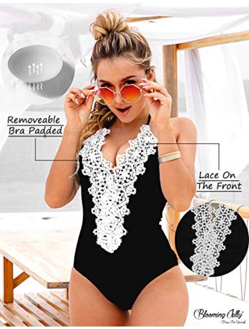 Blooming Jelly Women's Vintage One Piece Swimsuit Lace Tummy Control Halter Swimwear Bathing Suit