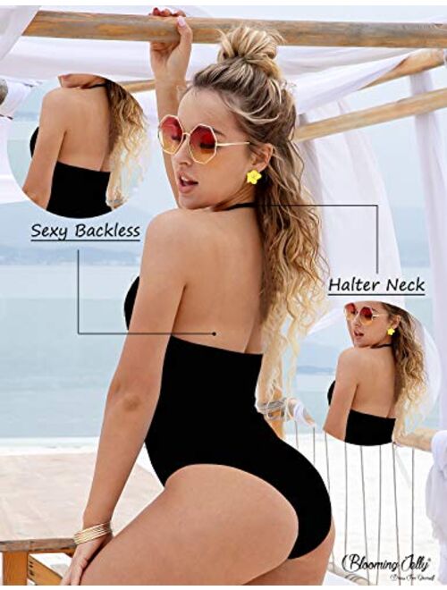 Blooming Jelly Women's Vintage One Piece Swimsuit Lace Tummy Control Halter Swimwear Bathing Suit