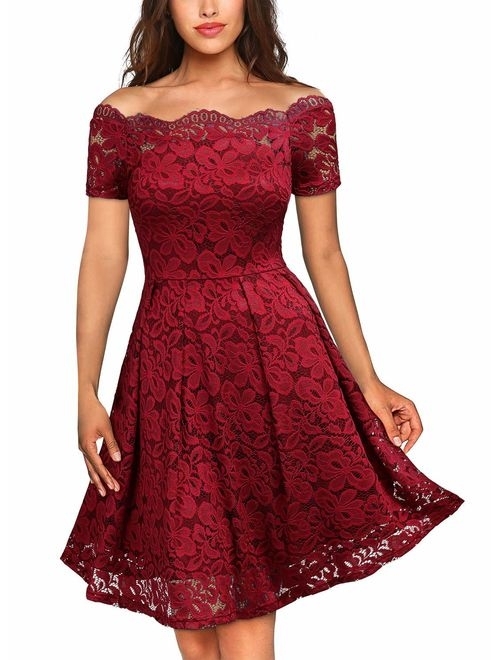 MISSMAY Women's Vintage Floral Lace Short Sleeve Boat Neck Cocktail Party Swing Dress