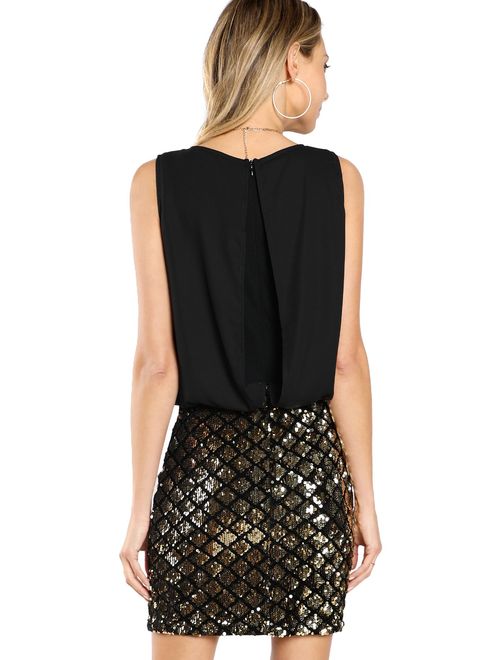 ROMWE Women's Sexy Layered Look Fashion Club Wear Party Embellished  Sparkle Sequin Tank Dress