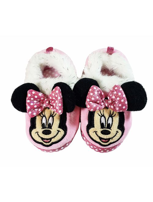 Disney Minnie Mouse Toddler Slippers (Light Pink, White Polka Dot, Black Ears, White and Silver Fur Cuff)