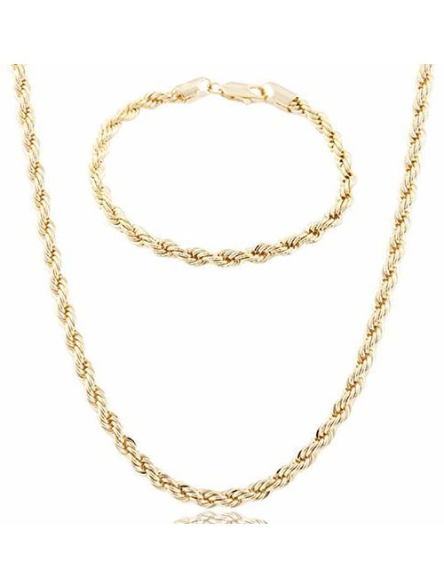 JOTW Goldtone 6mm 24 Inch D-Cut Rope Chain Necklace a Matching Bracelet Jewelry Set - All Bracelet (C403SET)