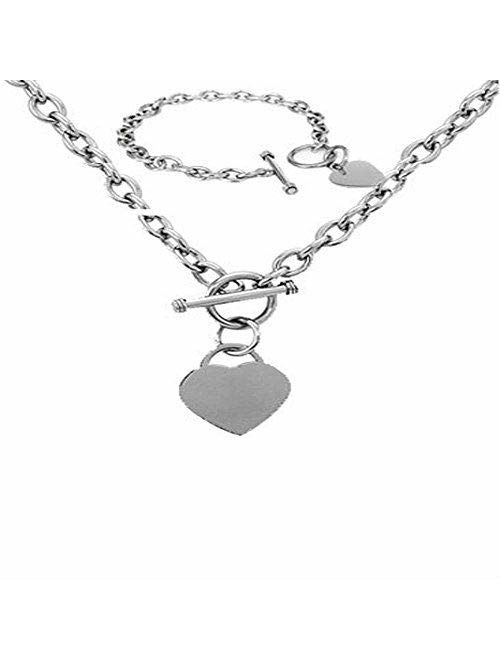 Crazy2Shop Stainless Steel Elegant High Polished Heart Charm Cable Link Chain Necklace&Bracelet Set with Toggle Clasp, Length:Neckalce 18', Bracelet: 7.5'