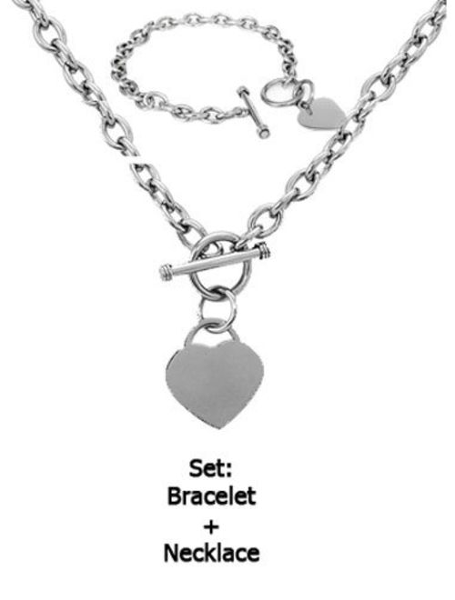 Crazy2Shop Stainless Steel Elegant High Polished Heart Charm Cable Link Chain Necklace&Bracelet Set with Toggle Clasp, Length:Neckalce 18', Bracelet: 7.5'