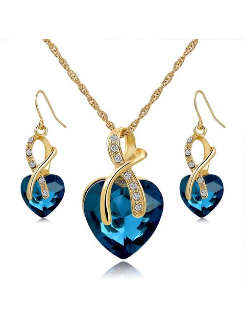 Long Way Austrian Crystal Fashion Heart Jewelry Sets Necklace Earrings Wedding Party Accessories