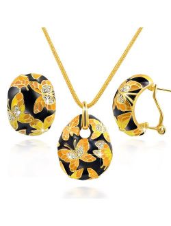 QIANSE Christmas Jewelry Set Gifts Spring of Versailles Gold Plated Handcrafted Enamel Butterfly Jewelry Set
