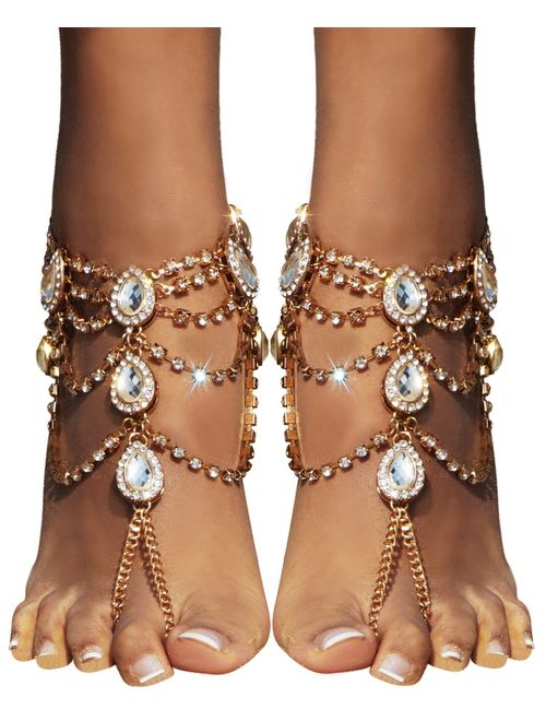 Bienvenu 2Pcs Barefoot Sandals Sparkling Crystal Clear Rhinestone Elegant Design