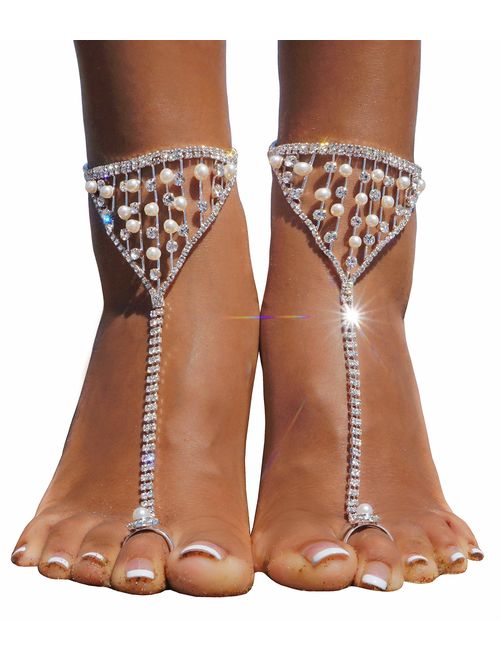 Bienvenu 2 Pieces Beach Barefoot Adorn Alloy Golden Rhinestone Foot Anklet Chain