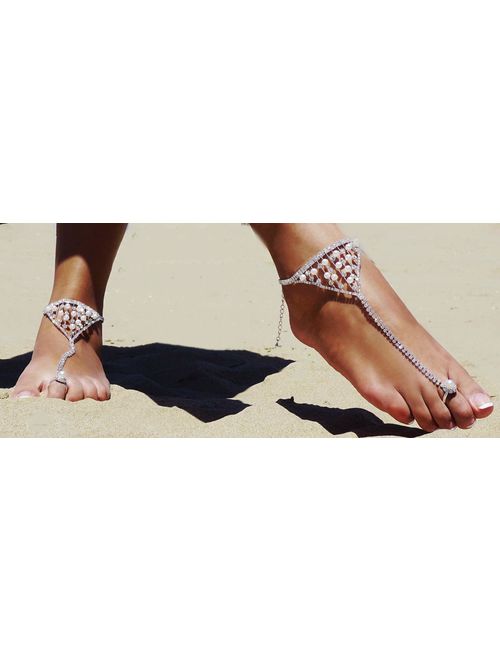 Bienvenu 2 Pieces Beach Barefoot Adorn Alloy Golden Rhinestone Foot Anklet Chain