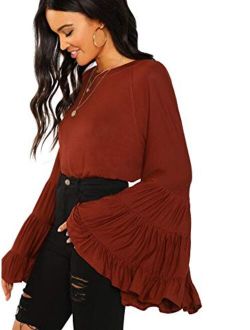 Women's Causal Crew Neck Ruffle Bell Sleeve Solid Blouse Top