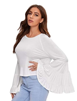 Women's Causal Crew Neck Ruffle Bell Sleeve Solid Blouse Top