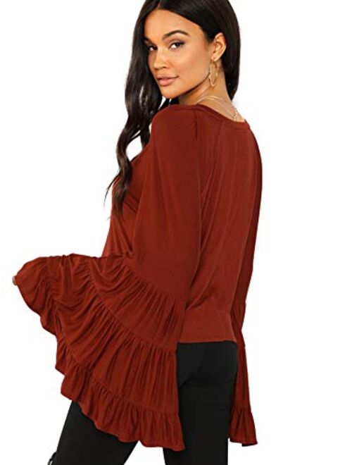 Floerns Women's Causal Crew Neck Ruffle Bell Sleeve Solid Blouse Top