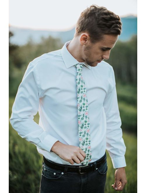 DAZI Men's Skinny Tie Floral Print Cotton Necktie, Great for Weddings, Groom, Groomsmen, Missions, Dances, Gifts.