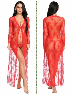 Lingerie for Women Sexy Long Lace Dress Sheer Gown See Through Kimono Robe