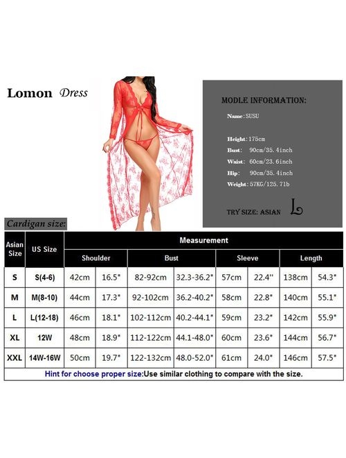 Lingerie for Women Sexy Long Lace Dress Sheer Gown See Through Kimono Robe