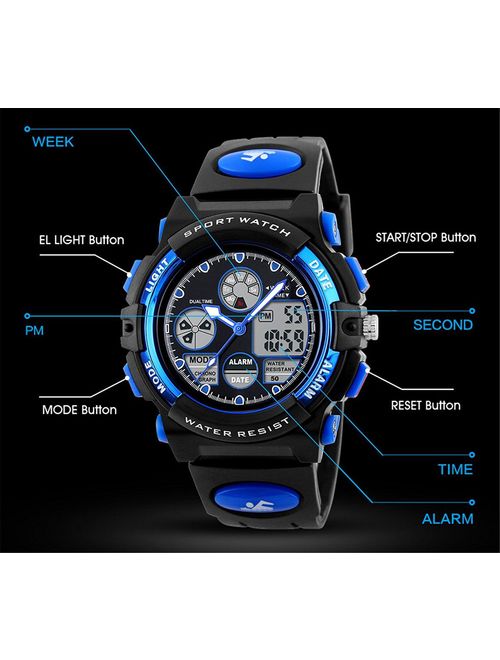Kids Sports Digital Watch -Boys Waterproof Outdoor Analog Watch with Alarm, Wrist Watches for Childrens
