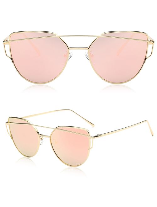 SOJOS Cat Eye Mirrored Flat Lenses Street Fashion Metal Frame Women Sunglasses SJ1001