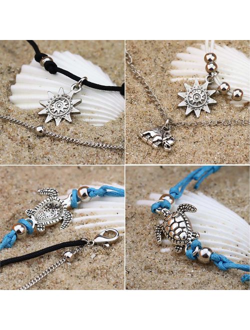 Suyi 5Pcs Beach Turtle Anklet Boho Handmade Adjustable Anklet Layered Rope Anklet Foot Chain for Women