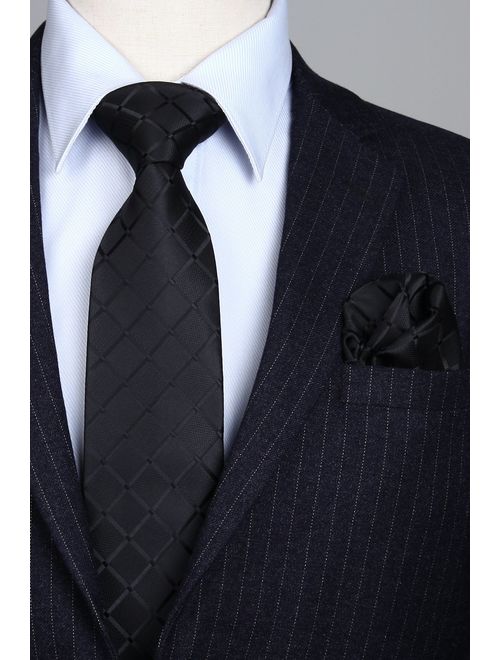 HISDERN Plaid Tie Handkerchief Woven Classic Stripe Men's Necktie & Pocket Square Set