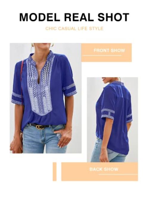 Chase Secret Womens Casual V Neck Shirt Boho Print Short Sleeve Tops Loose Blouse (S-XXL)