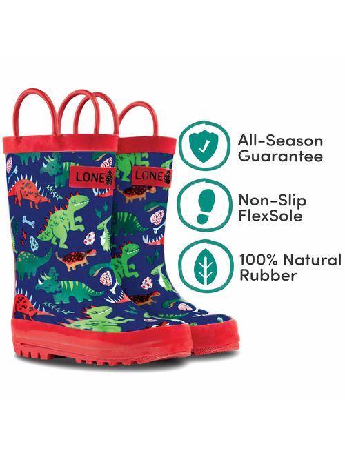 LONECONE Rain Boots with Easy-On Handles in Fun Patterns & Solid Colors for Toddlers and Kids