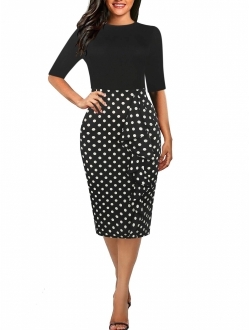 CISMARK Women's Vintage Short Sleeve Polka Dot Falbala Fold Slim Fit Pencil Dress