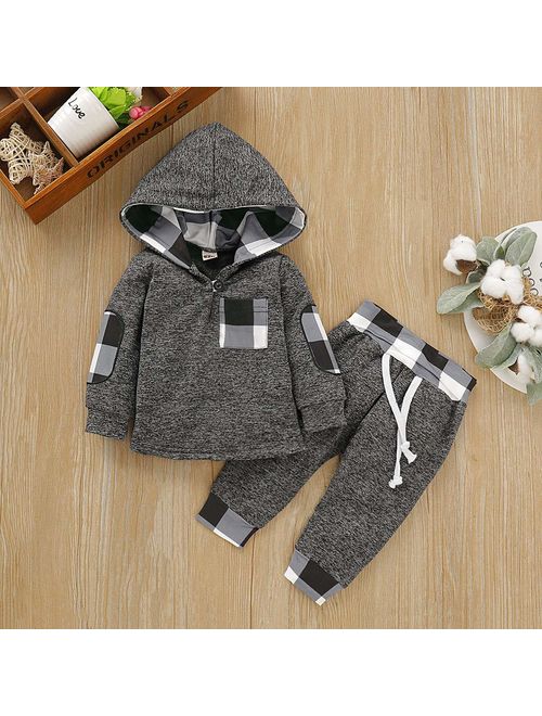 Kids Toddler Infant Baby Boys Girls Fall Outfit Plaid Pocket Hoodie Sweatshirt Jackets Shirt+Pants Winter Clothes Set