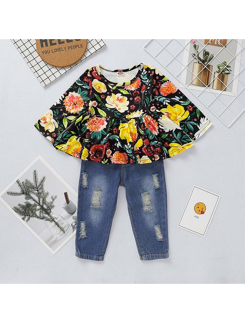 CARETOO Girls Clothes Outfits, Cute Baby Girl Floral Long Sleeve Pant Set Flower Ruffle Top