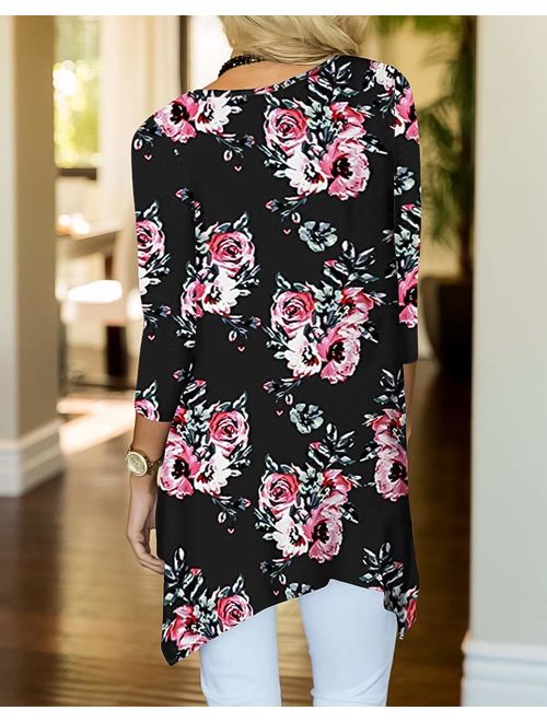 MIROL Women's Spring Floral Print 3/4 Sleeve Irregular Hem Asymmetrical Tunic Loose Long Blouse Tops