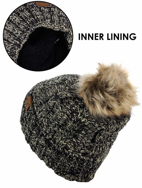 C.C Thick Cable Knit Faux Fuzzy Fur Pom Fleece Lined Skull Cap Cuff Beanie