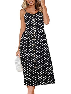 Angashion Women's Dresses-Summer Floral Bohemian Spaghetti Strap Button Down Swing Midi Dress with Pockets