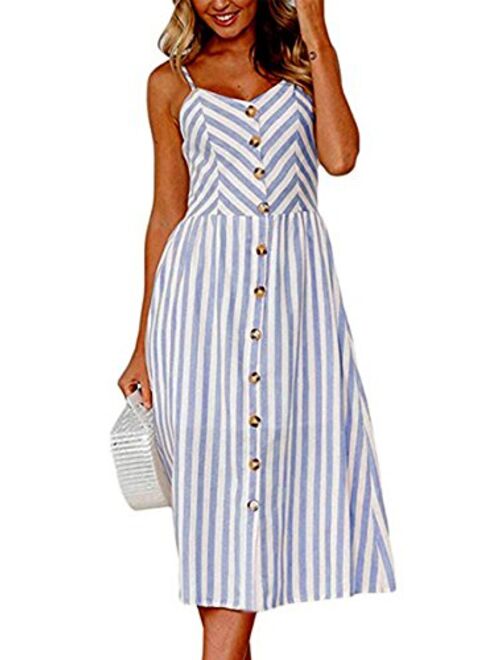 Angashion Women's Dresses-Summer Floral Bohemian Spaghetti Strap Button Down Swing Midi Dress with Pockets