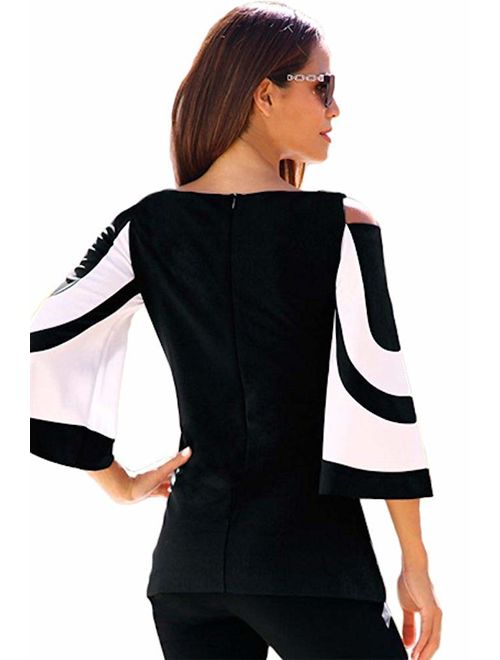 Women Blouses and Tops Black White Colorblock Bell Sleeve Cold Shoulder Top Shirt