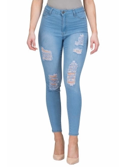 High Waisted-Rise Colored Stretch Skinny Destroyed Ripped Distressed Jeans for Women Olive Mustard RED