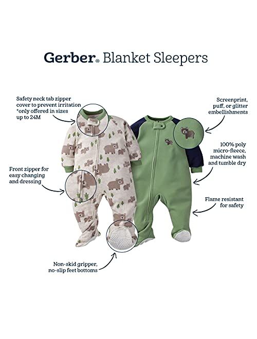 Gerber Baby Girls' Toddler Loose Fit Flame Resistant Fleece Footed Pajamas 2-Pack