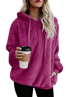 ReachMe Womens Oversized Sherpa Pullover Hoodie with Pockets Fuzzy Fleece Sweatshirt Fluffy Coat