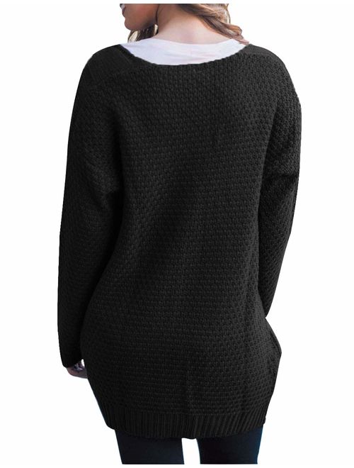 Traleubie Women's Open Front Long Sleeve Boho Boyfriend Knit Chunky Cardigan Sweater 