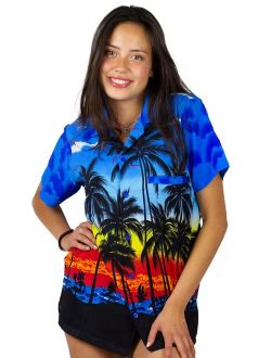 V.H.O. Funky Hawaiian Blouse Women Short-Sleeve Front-Pocket Beach Palm Multi Colors